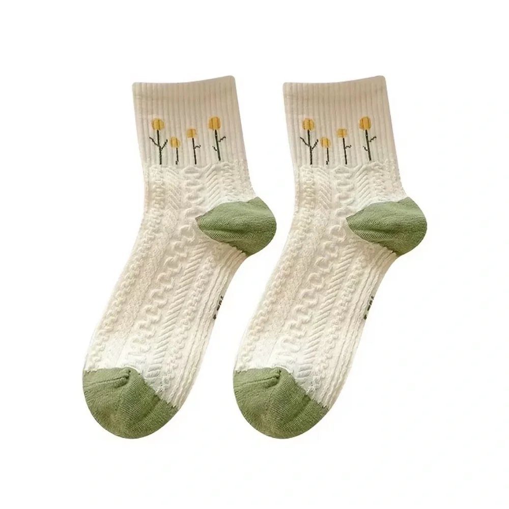 New 5pair Mid Tube socks Embroidered Green Clover floral ribbed cuffs cable knit